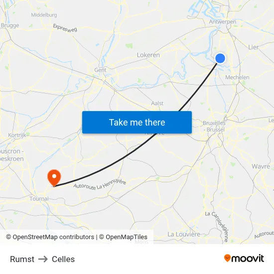 Rumst to Celles map