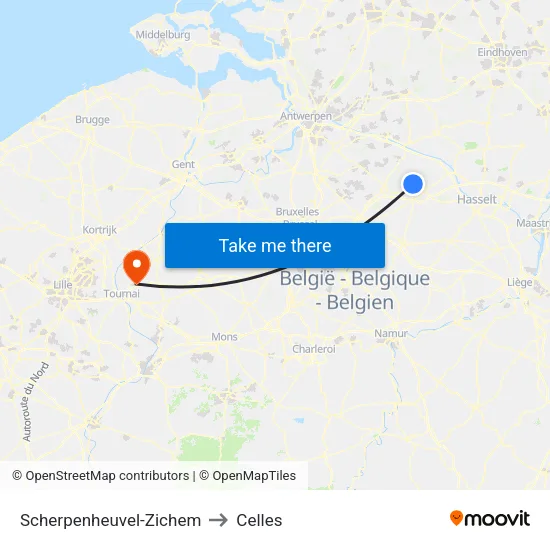 Scherpenheuvel-Zichem to Celles map