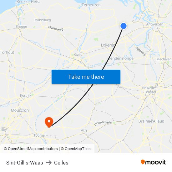 Sint-Gillis-Waas to Celles map