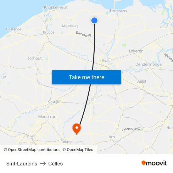 Sint-Laureins to Celles map
