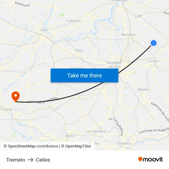 Tremelo to Celles map