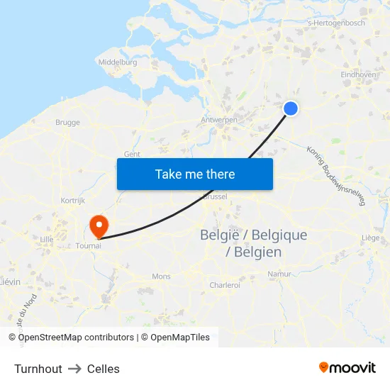 Turnhout to Celles map