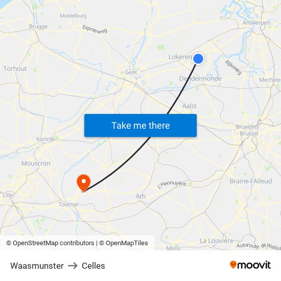 Waasmunster to Celles map