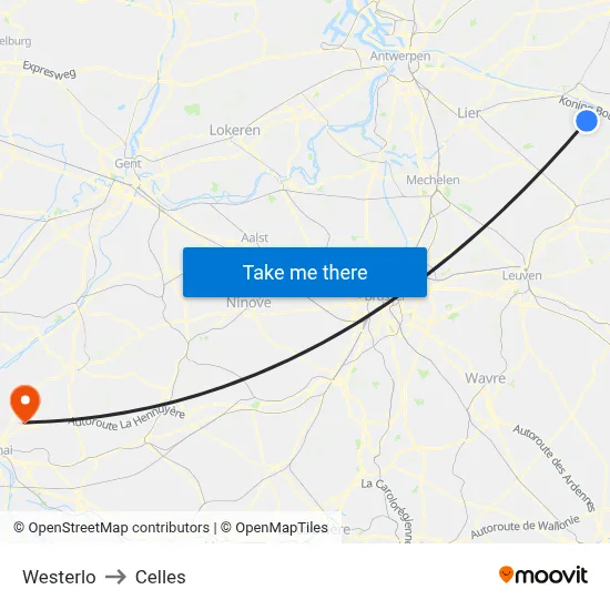 Westerlo to Celles map