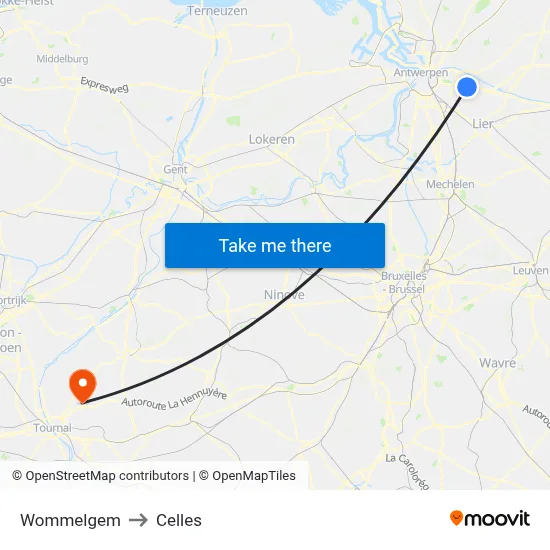 Wommelgem to Celles map
