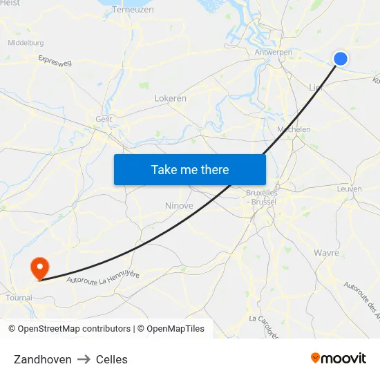 Zandhoven to Celles map