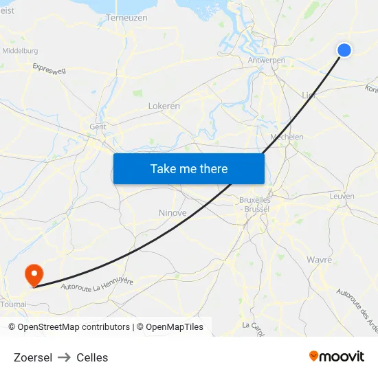 Zoersel to Celles map