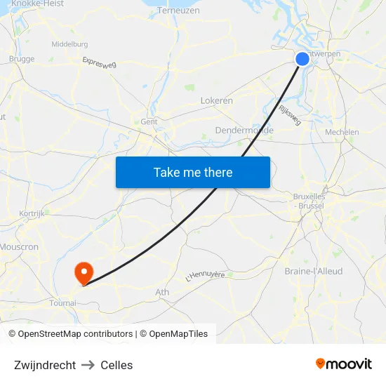 Zwijndrecht to Celles map