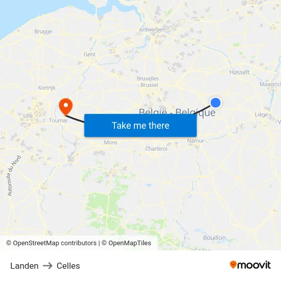 Landen to Celles map