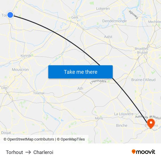 Torhout to Charleroi map