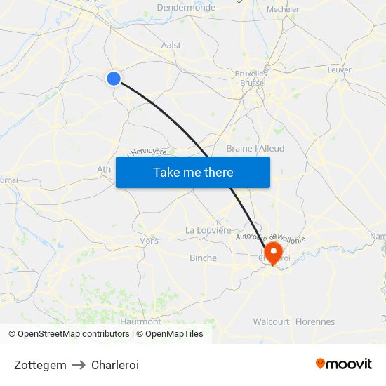 Zottegem to Charleroi map