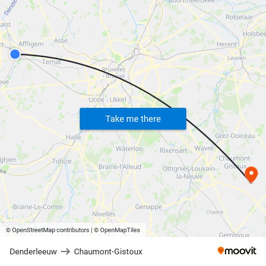 Denderleeuw to Chaumont-Gistoux map