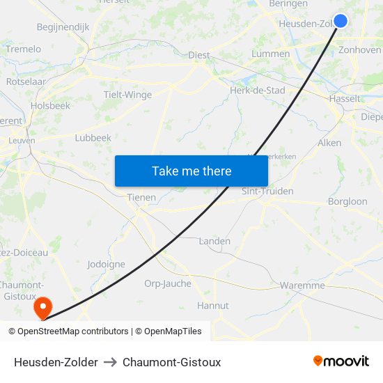 Heusden-Zolder to Chaumont-Gistoux map