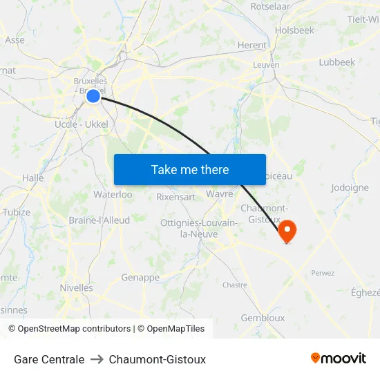 Gare Centrale to Chaumont-Gistoux map