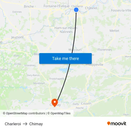 Charleroi to Chimay map