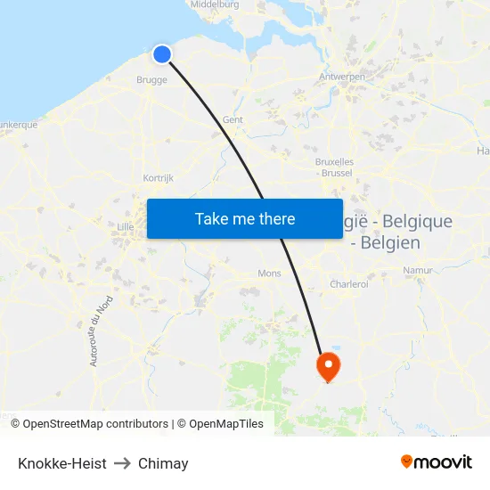 Knokke-Heist to Chimay map