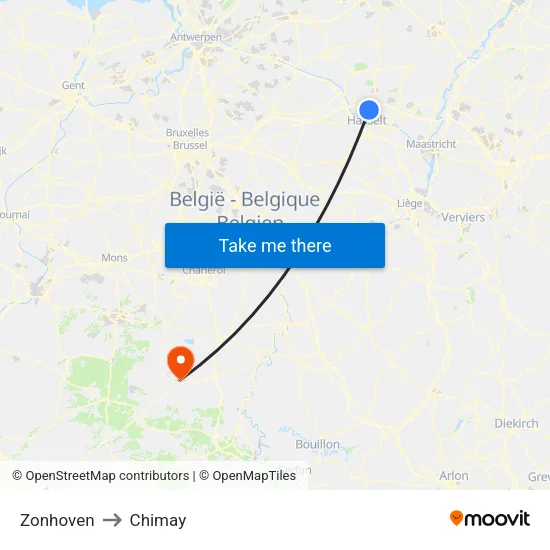 Zonhoven to Chimay map