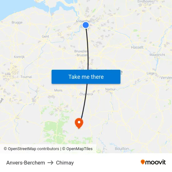 Anvers-Berchem to Chimay map
