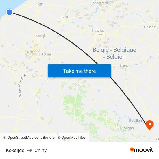 Koksijde to Chiny map