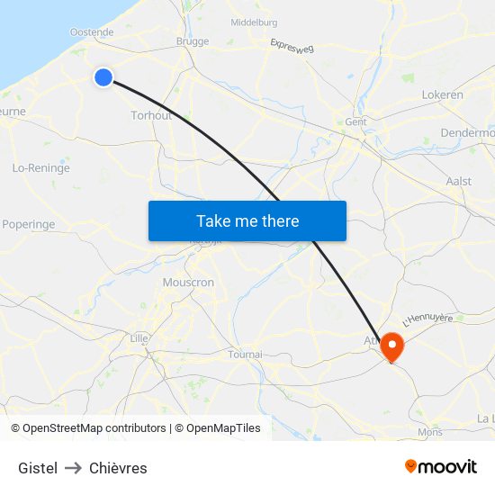 Gistel to Chièvres map
