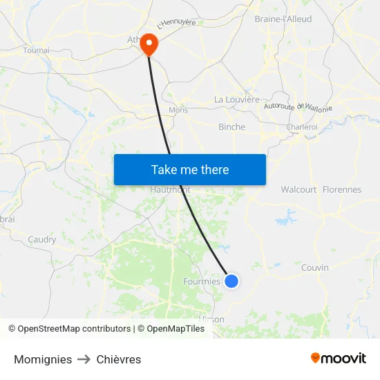 Momignies to Chièvres map