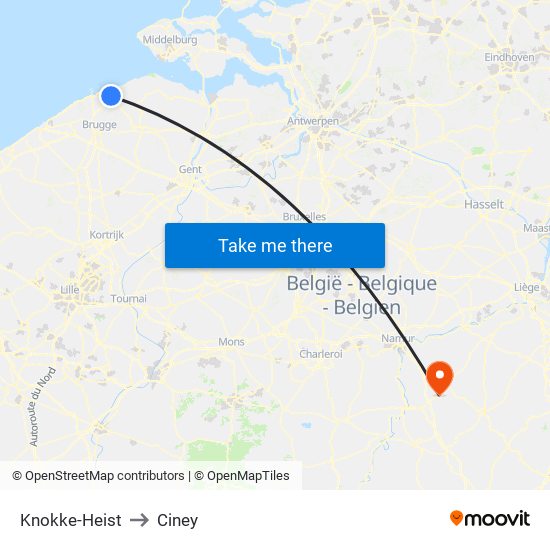 Knokke-Heist to Ciney map