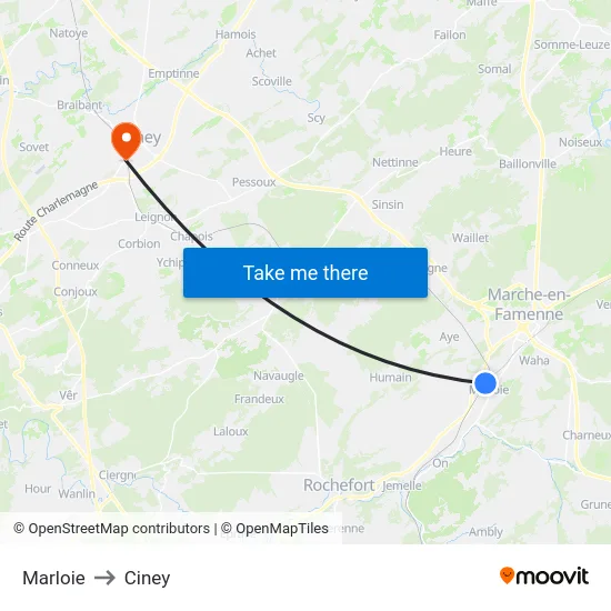 Marloie to Ciney map
