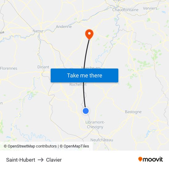 Saint-Hubert to Clavier map