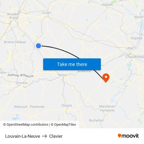 Louvain-La-Neuve to Clavier map