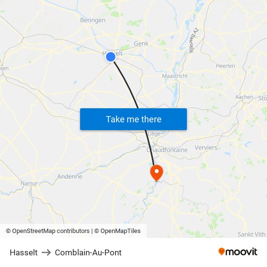 Hasselt to Comblain-Au-Pont map