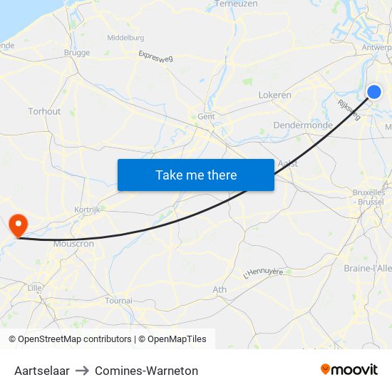 Aartselaar to Comines-Warneton map