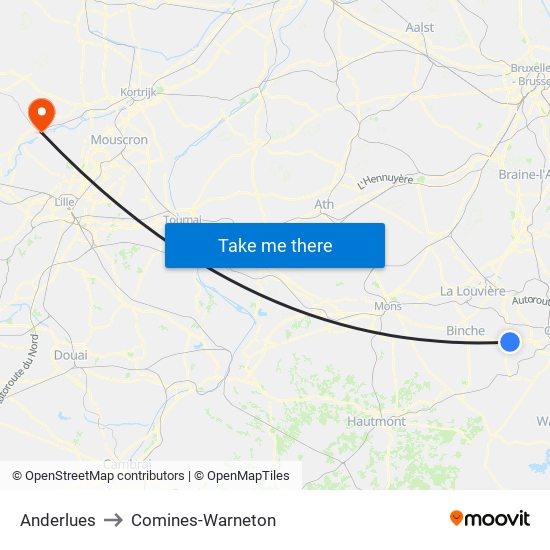 Anderlues to Comines-Warneton map