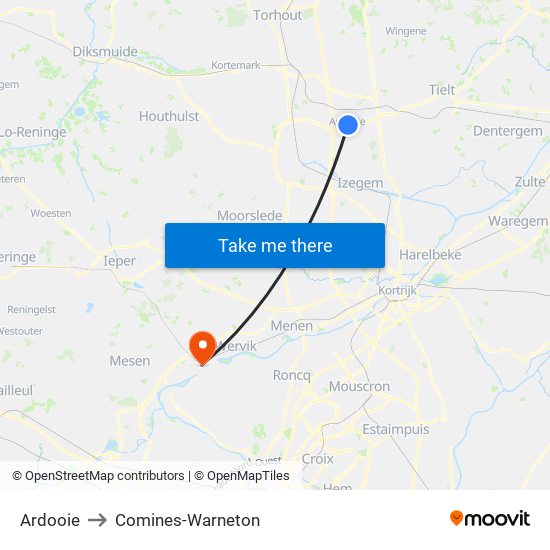 Ardooie to Comines-Warneton map