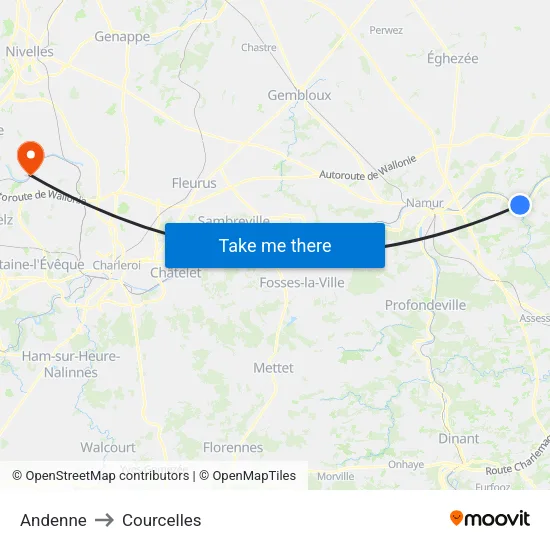 Andenne to Courcelles map