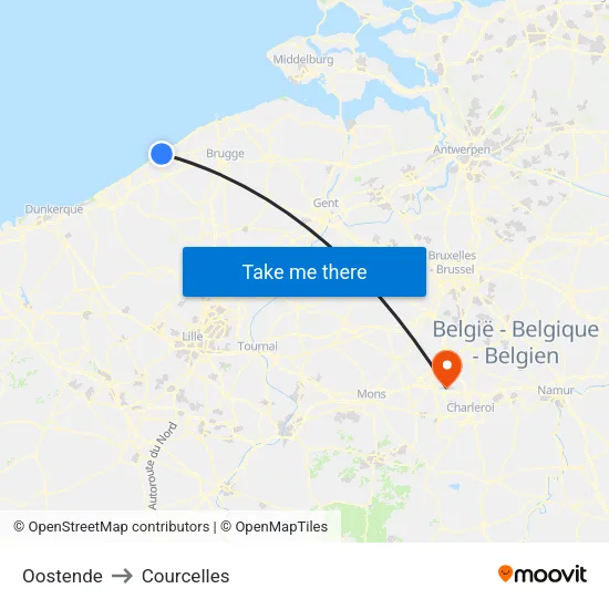 Oostende to Courcelles map