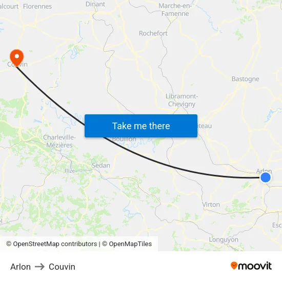 Arlon to Couvin map
