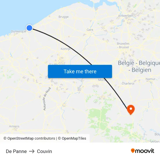 De Panne to Couvin map