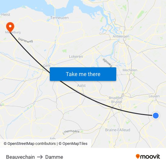 Beauvechain to Damme map