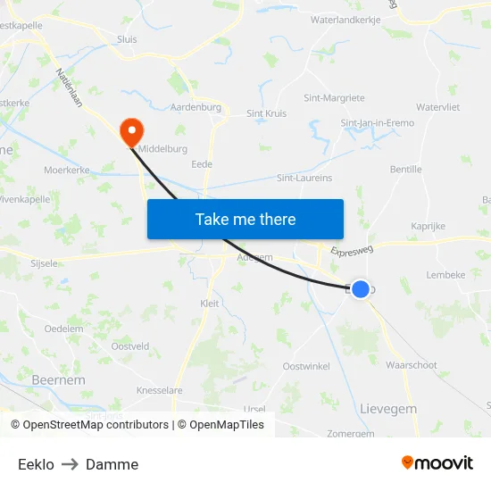 Eeklo to Damme map