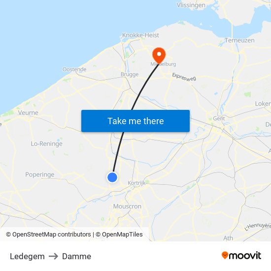 Ledegem to Damme map