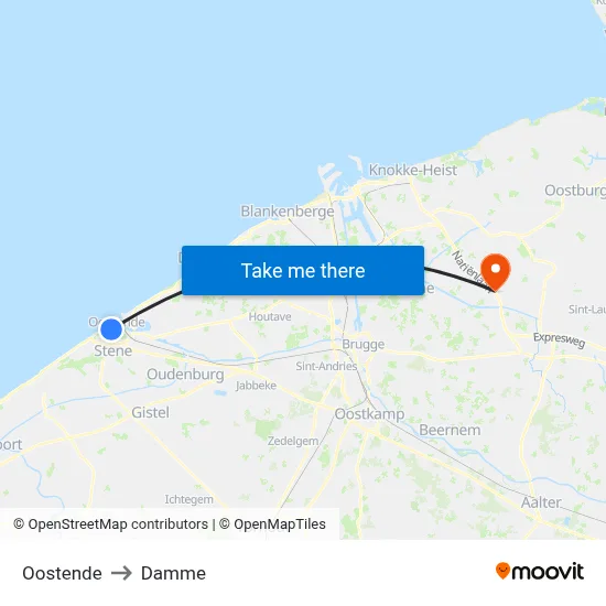 Oostende to Damme map