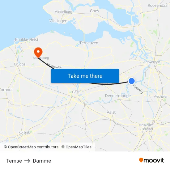 Temse to Damme map