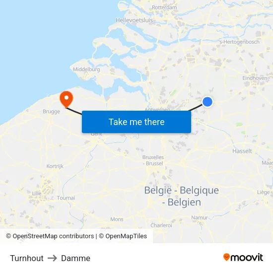 Turnhout to Damme map