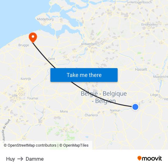Huy to Damme map