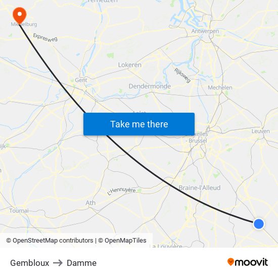Gembloux to Damme map