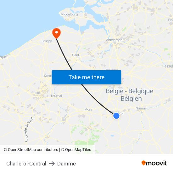 Charleroi-Central to Damme map