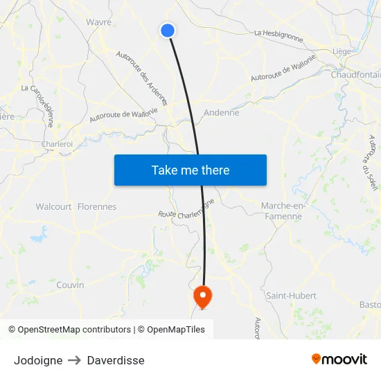 Jodoigne to Daverdisse map