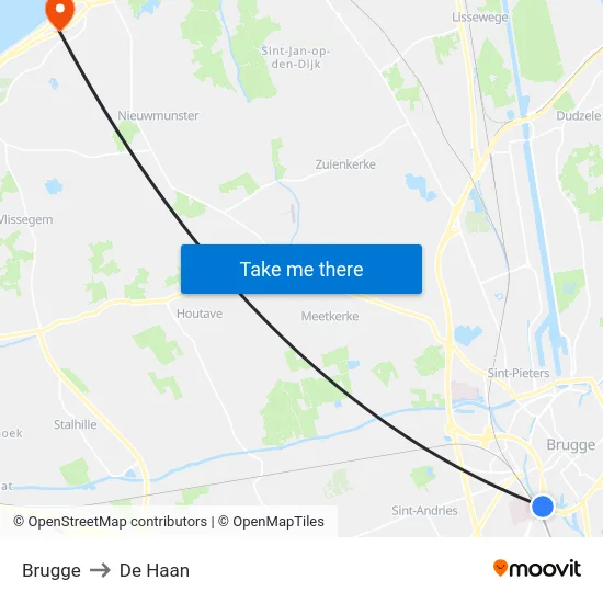 Brugge to De Haan map