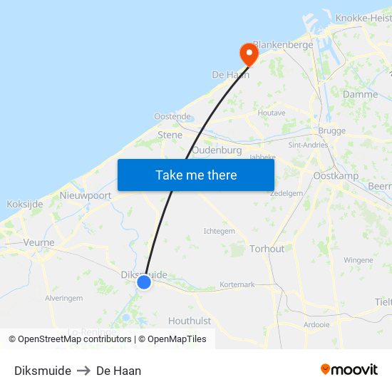 Diksmuide to De Haan map