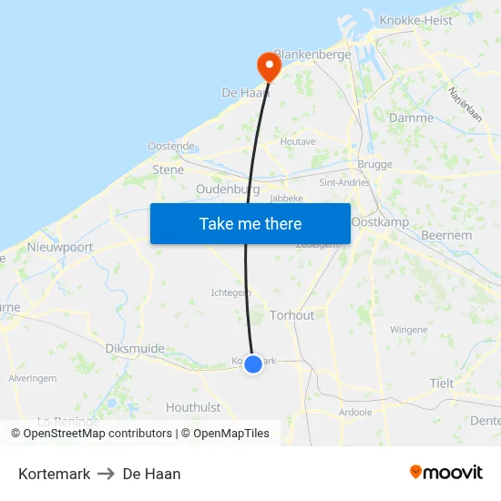 Kortemark to De Haan map